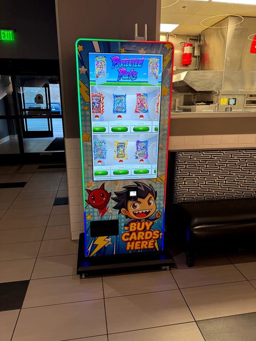 Free-standing Pokémon card vending machine with a colorful character wrap and touchscreen product display.