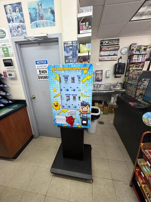 Pokémon card vending machine on a pedestal with a touchscreen displaying available card packs.